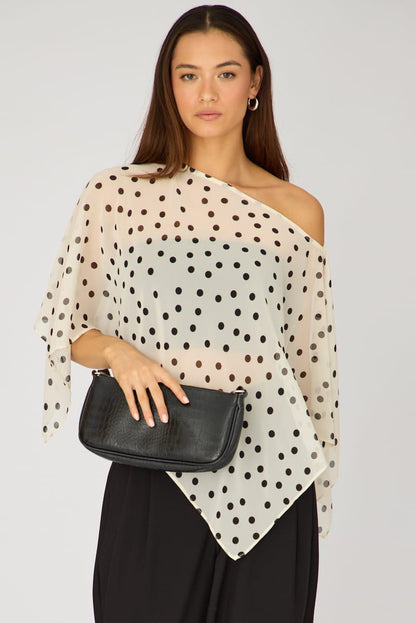 White Polka Dot Chiffon Poncho Off Shoulder Polka Dot