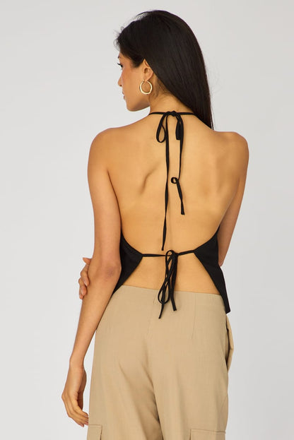 Black Linen Top Sleeveless Halter Neck