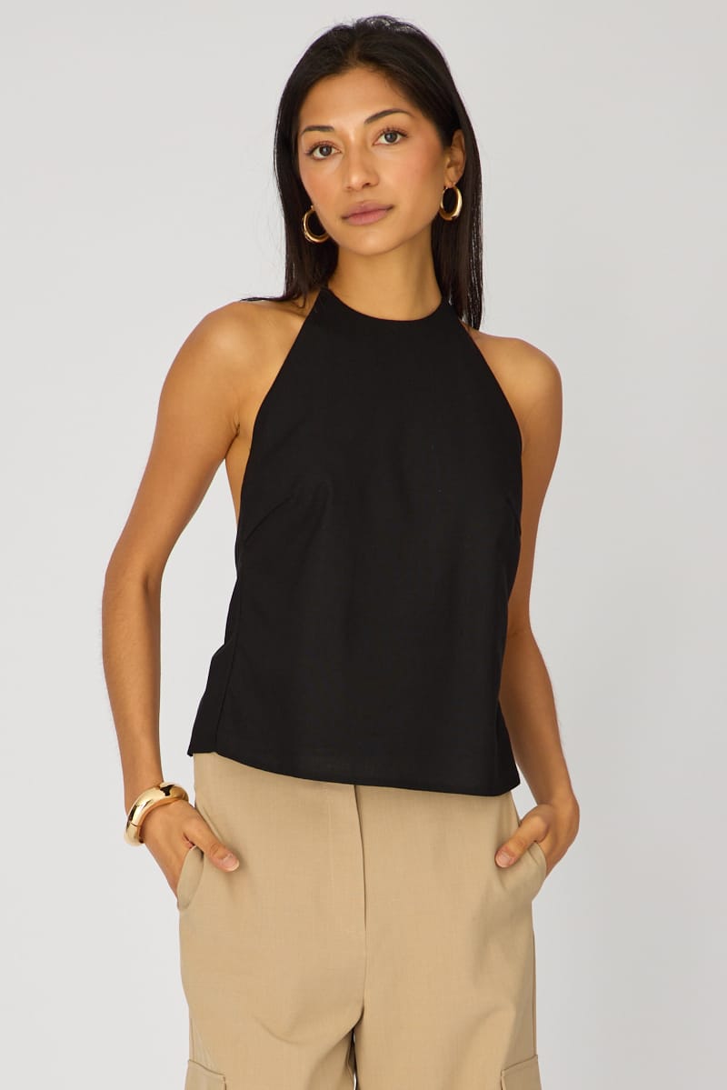 Black Linen Top Sleeveless Halter Neck