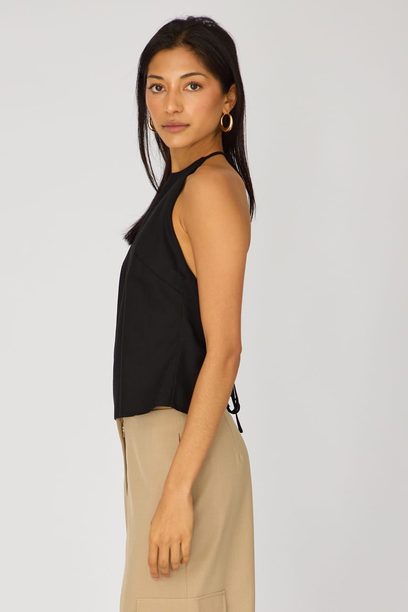 Black Linen Top Sleeveless Halter Neck