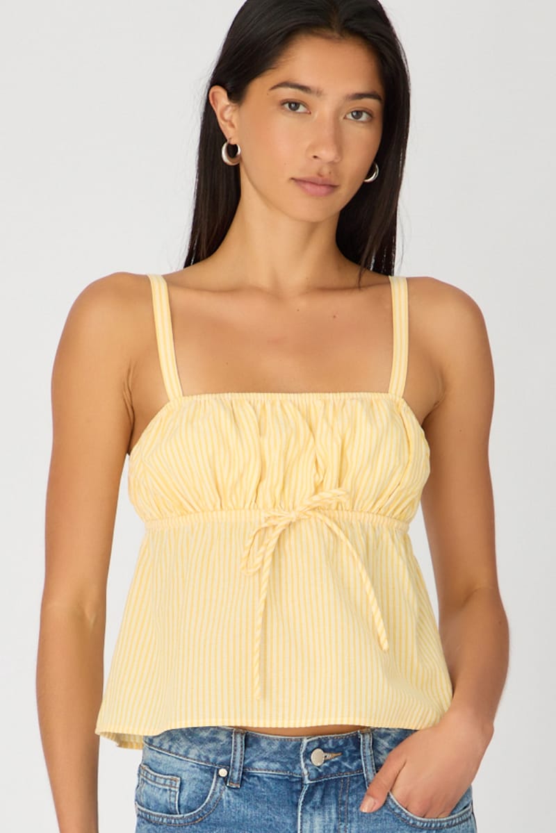 Yellow Stripe Cami Top Sleeveless Front Tie Babydoll