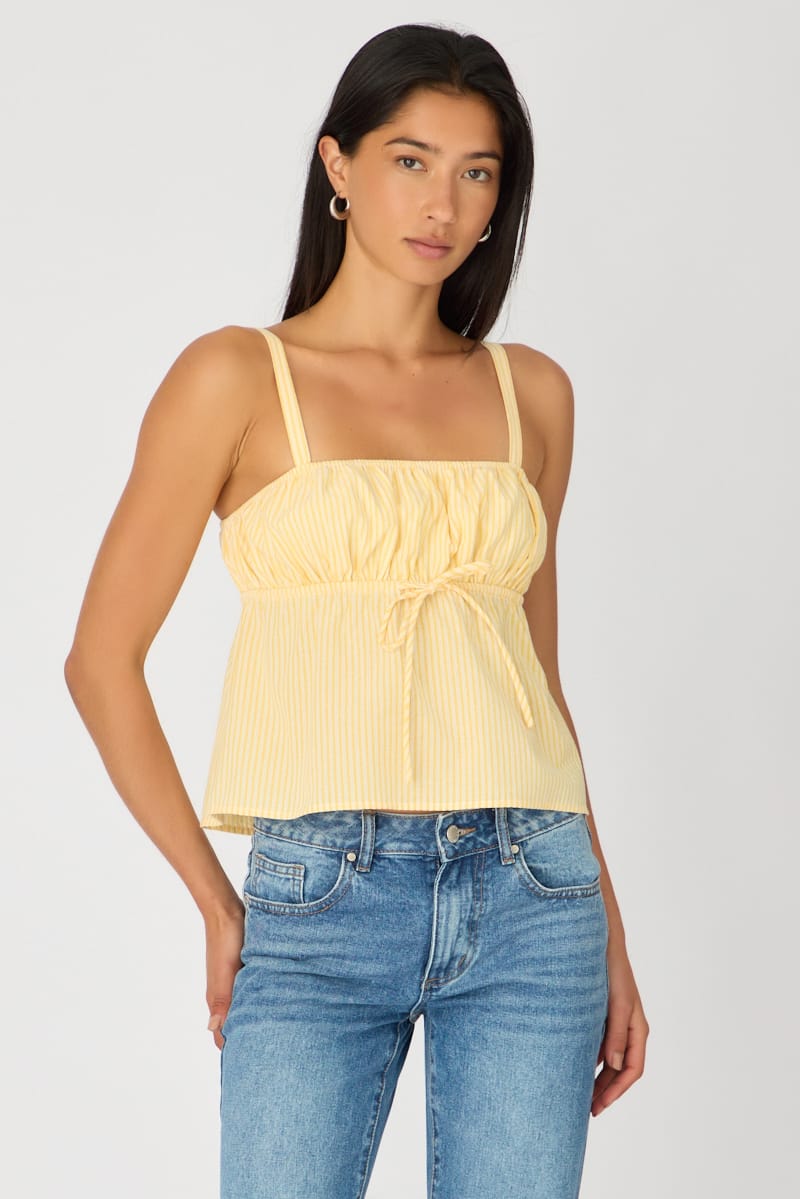 Yellow Stripe Cami Top Sleeveless Front Tie Babydoll