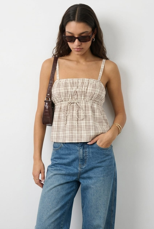 Brown Check Cami Top Sleeveless Front Tie Babydoll