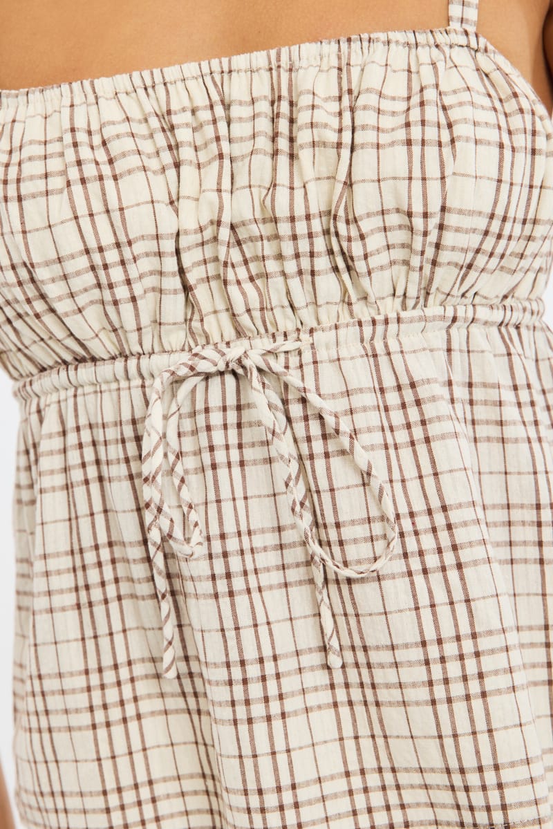 Brown Check Cami Top Sleeveless Front Tie Babydoll