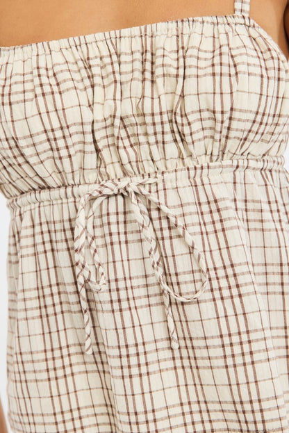 Brown Check Cami Top Sleeveless Front Tie Babydoll