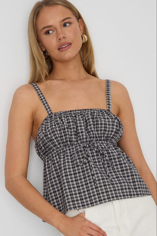 Black Check Cami Top Sleeveless Front Tie Babydoll