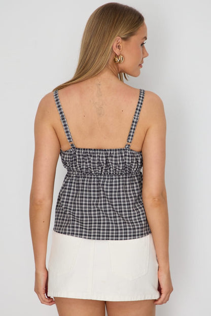 Black Check Cami Top Sleeveless Front Tie Babydoll