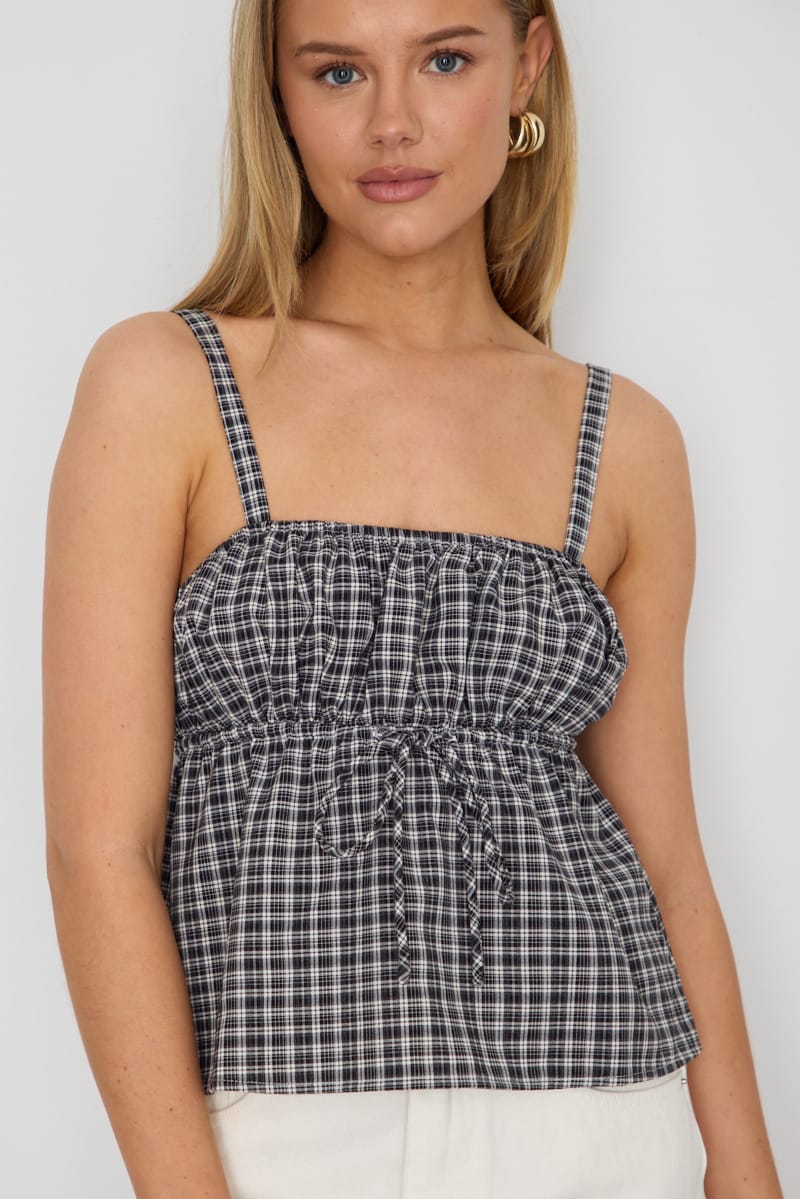 Black Check Cami Top Sleeveless Front Tie Babydoll