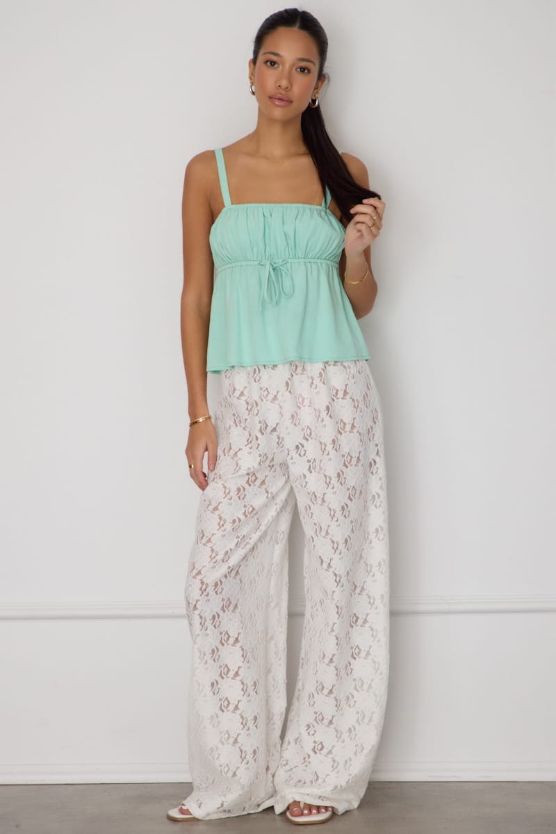 Green Cami Top Sleeveless Front Tie Babydoll Linen Blend