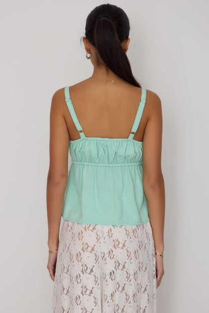 Green Cami Top Sleeveless Front Tie Babydoll Linen Blend