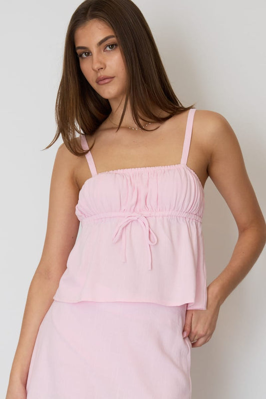 Pink Cami Top Sleeveless Front Tie Babydoll Linen Blend