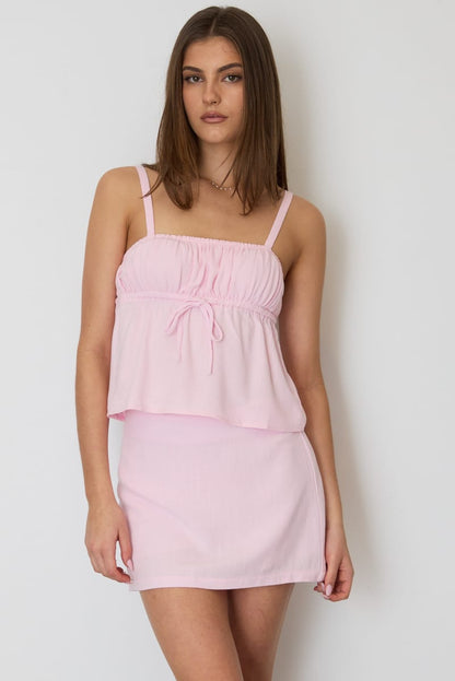 Pink Cami Top Sleeveless Front Tie Babydoll Linen Blend