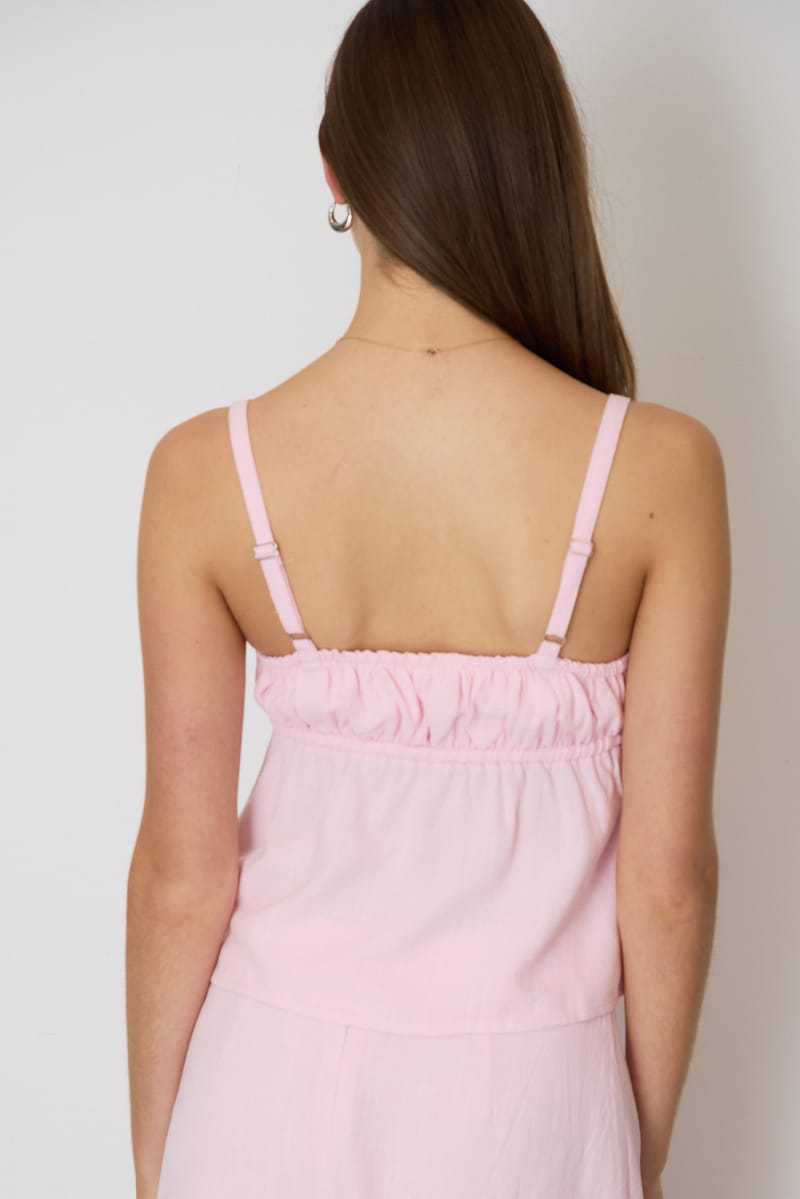 Pink Cami Top Sleeveless Front Tie Babydoll Linen Blend