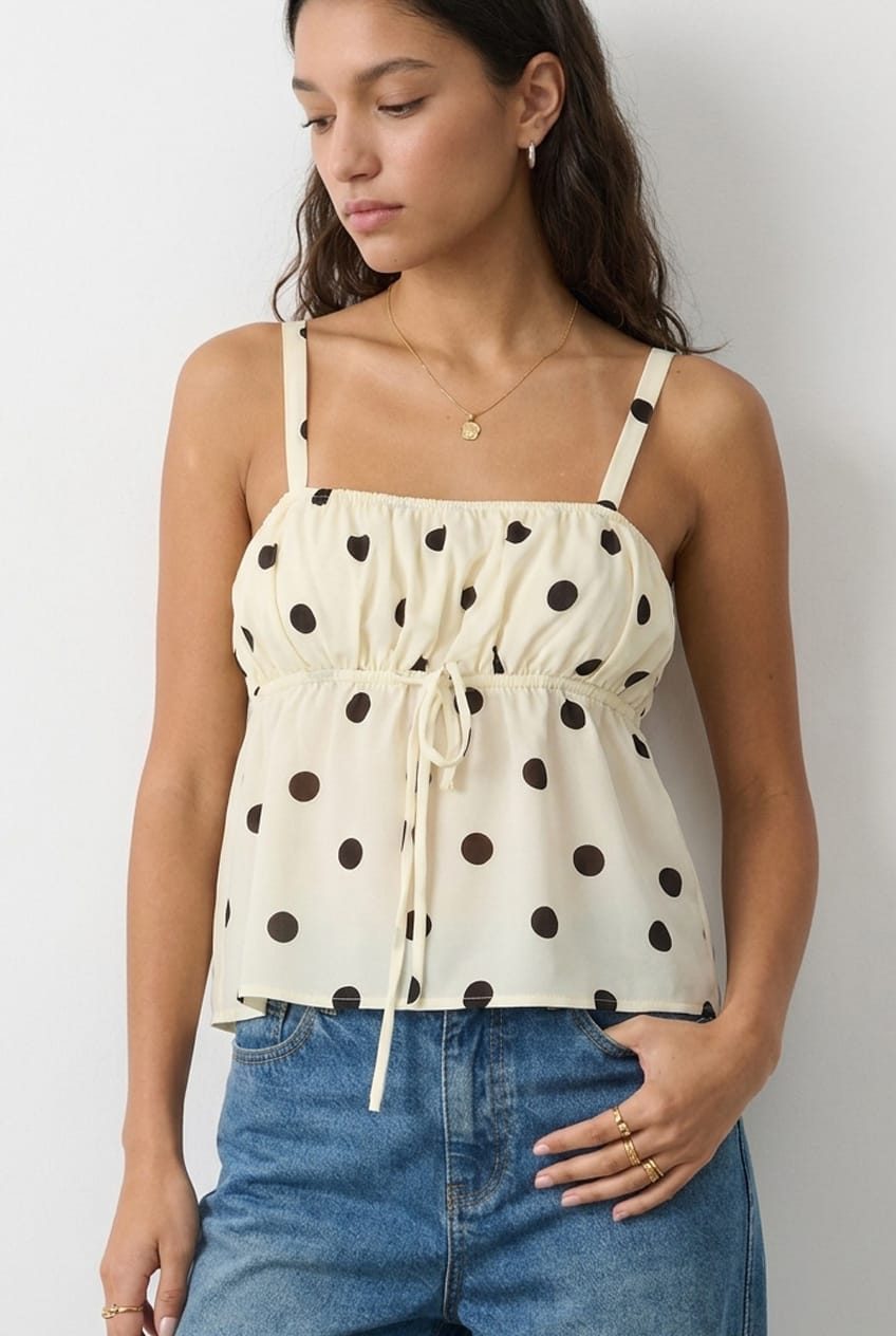 White Polka Dot Cami Top Sleeveless Front Tie Babydoll
