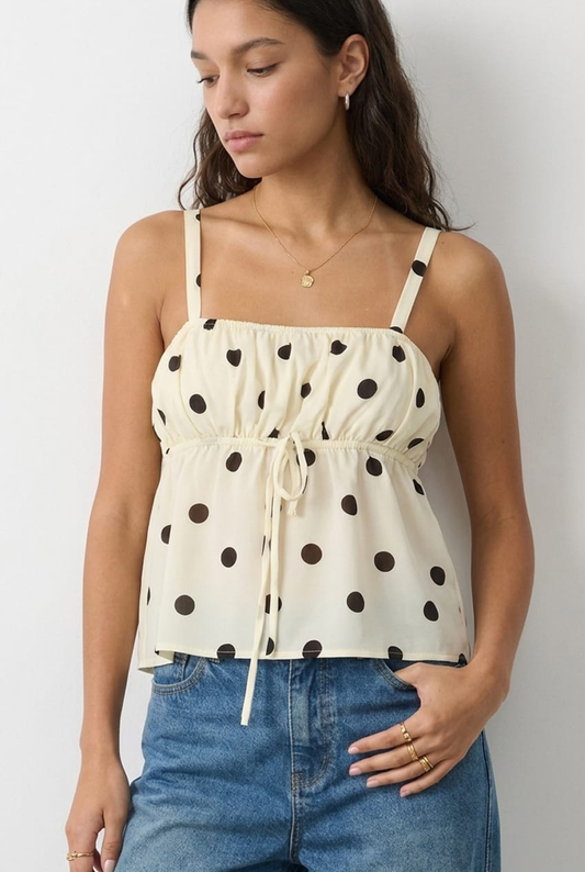 White Polka Dot Cami Top Sleeveless Front Tie Babydoll
