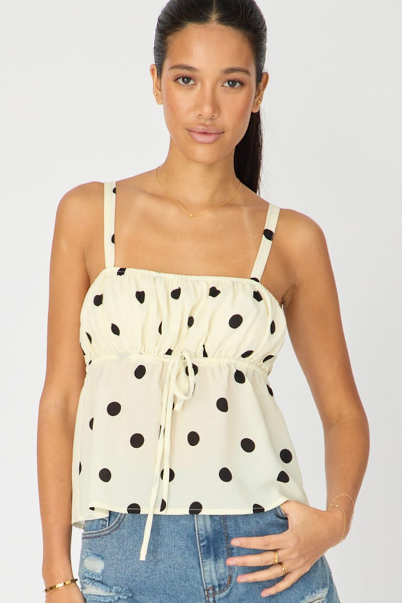 White Polka Dot Cami Top Sleeveless Front Tie Babydoll