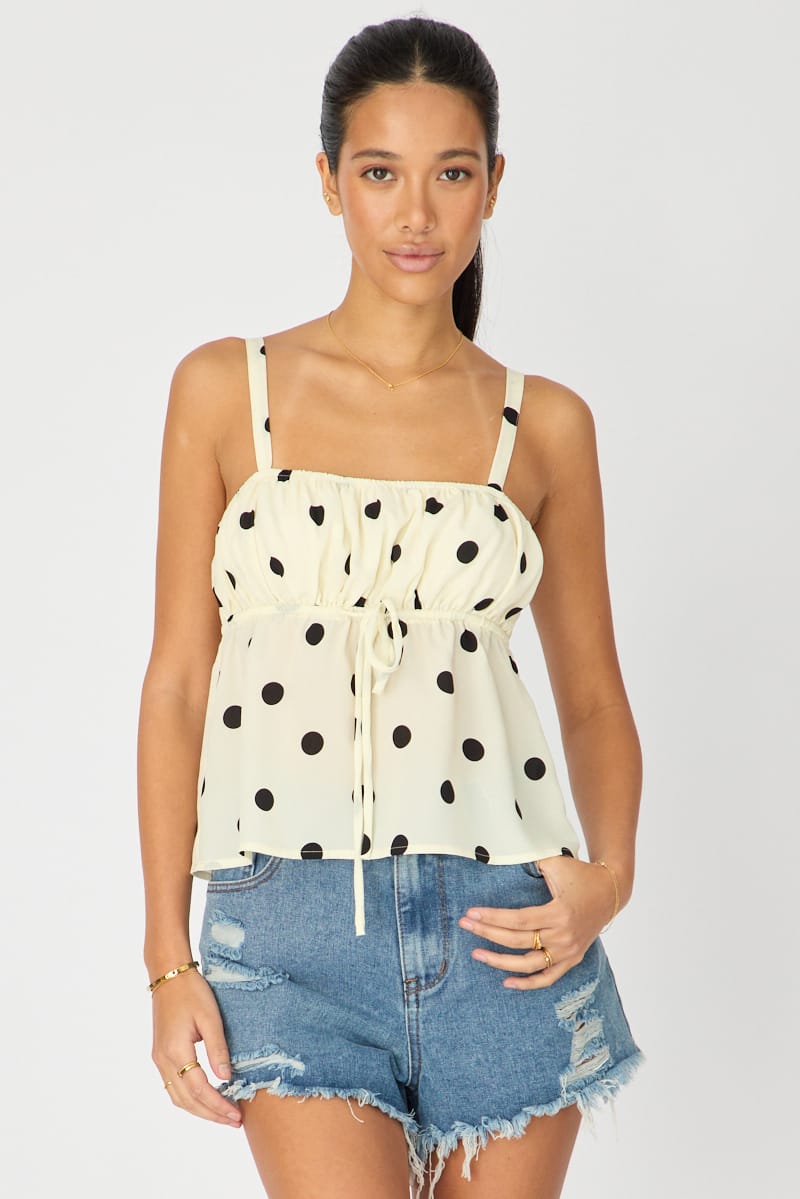 White Polka Dot Cami Top Sleeveless Front Tie Babydoll