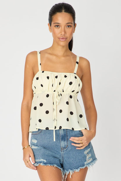 White Polka Dot Cami Top Sleeveless Front Tie Babydoll
