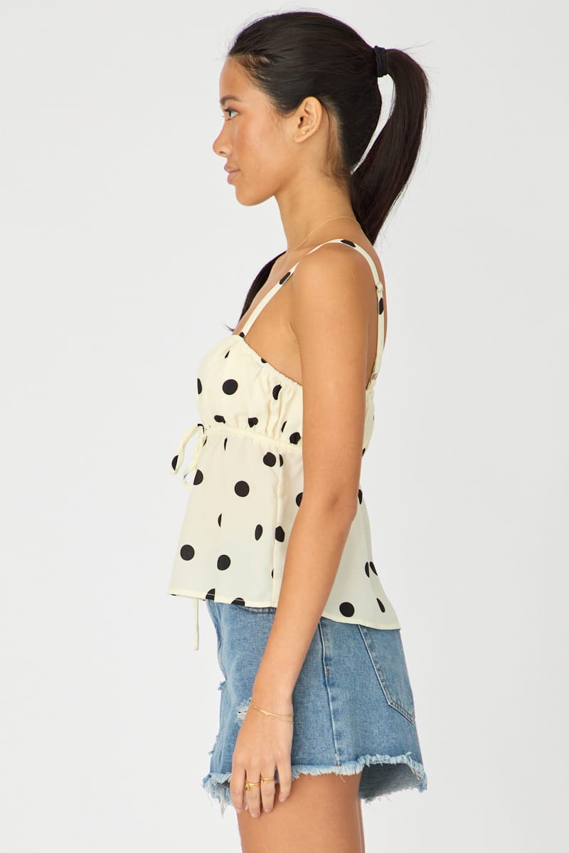 White Polka Dot Cami Top Sleeveless Front Tie Babydoll