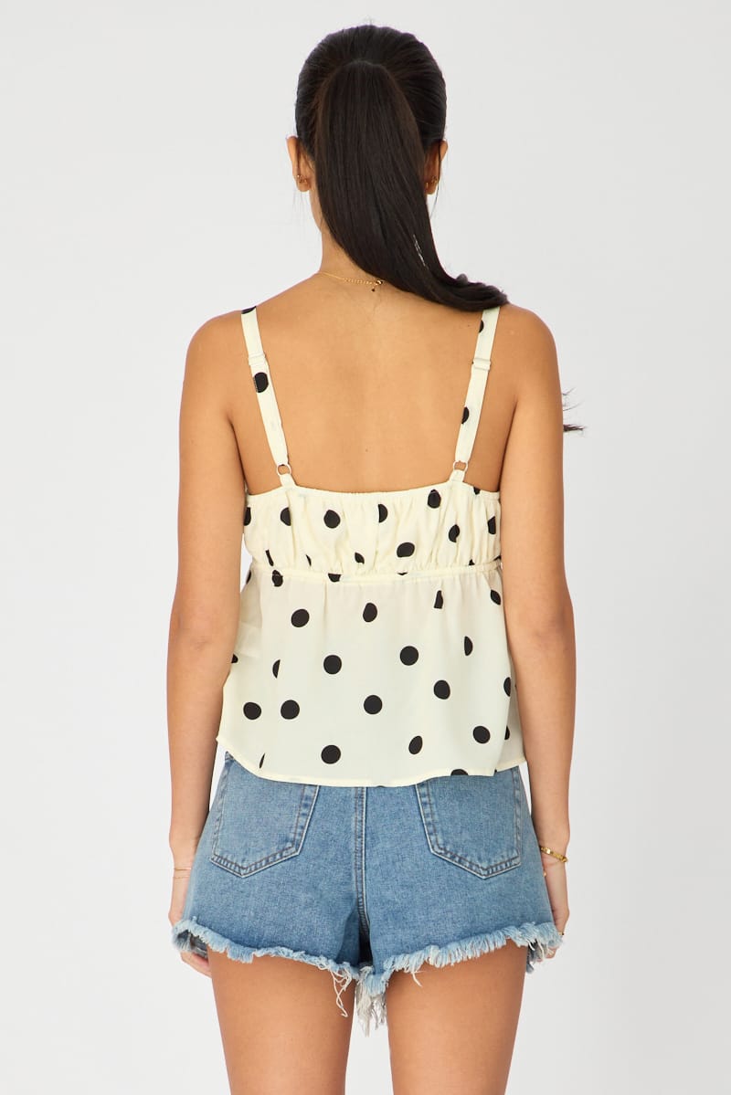White Polka Dot Cami Top Sleeveless Front Tie Babydoll