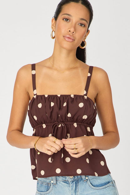 Brown Polka Dot Cami Top Sleeveless Front Tie Babydoll