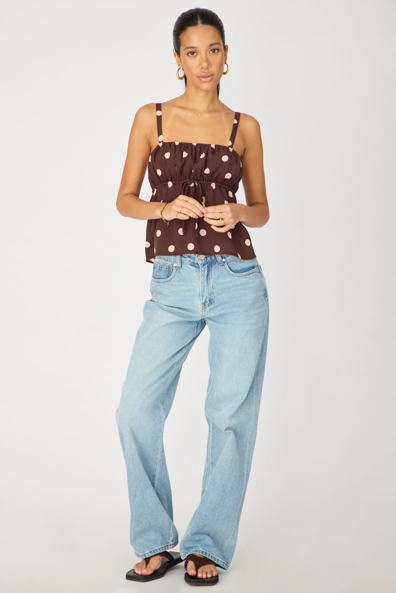 Brown Polka Dot Cami Top Sleeveless Front Tie Babydoll
