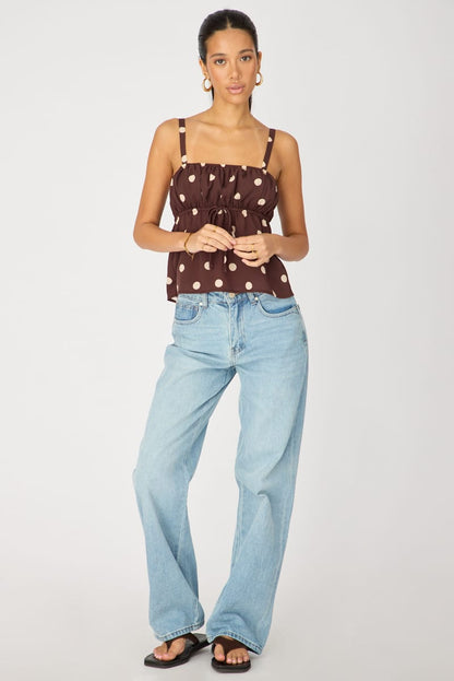 Brown Polka Dot Cami Top Sleeveless Front Tie Babydoll
