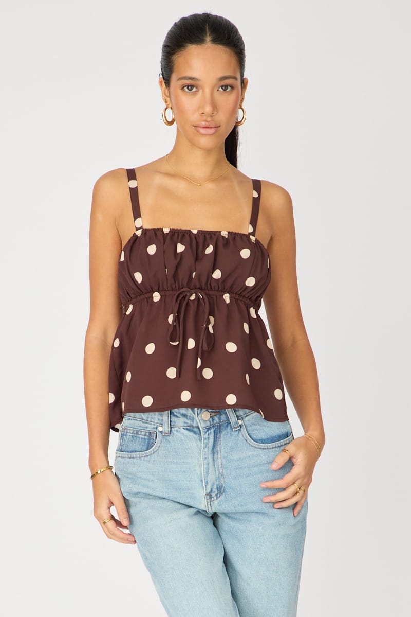 Brown Polka Dot Cami Top Sleeveless Front Tie Babydoll