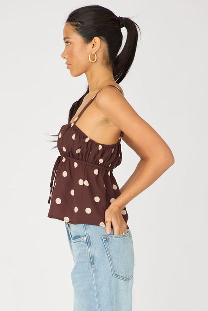 Brown Polka Dot Cami Top Sleeveless Front Tie Babydoll