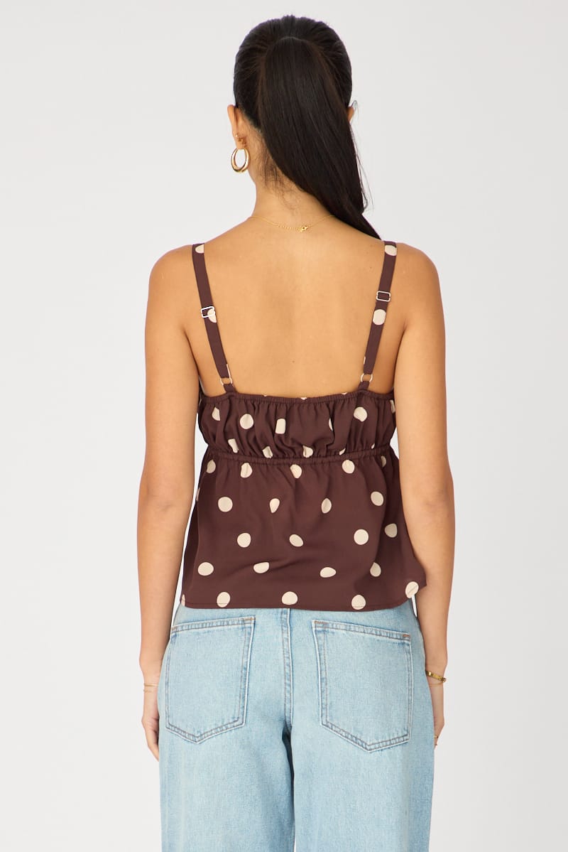 Brown Polka Dot Cami Top Sleeveless Front Tie Babydoll
